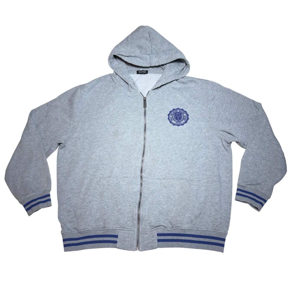 True Religion Alumni Mens Zip Up Hoodie Heather Gray Blue XL Logo Sweatshirt